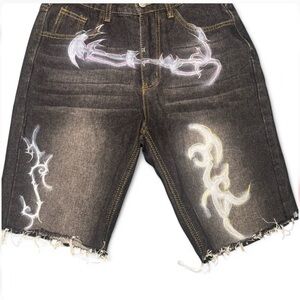 Custom Tribal Flame Black Denim Shorts – Hand Painted Y2K Streetwear Size S
